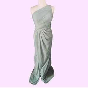 David's Bridal One Shoulder Lace Sage Green Maxi Dress